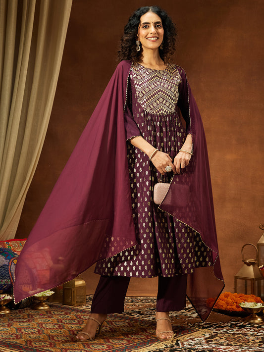 Janasya Women's Wine Silk Blend Paisley Foil Print A-Line Kurta Set