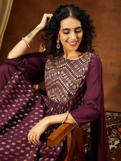 Janasya Women's Wine Silk Blend Paisley Foil Print A-Line Kurta Set