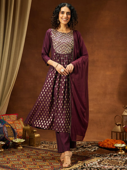 Janasya Women's Wine Silk Blend Paisley Foil Print A-Line Kurta Set
