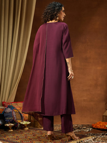 Janasya Women's Wine Silk Blend Paisley Foil Print A-Line Kurta Set