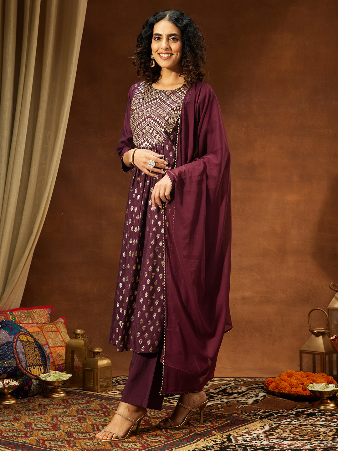 Janasya Women's Wine Silk Blend Paisley Foil Print A-Line Kurta Set