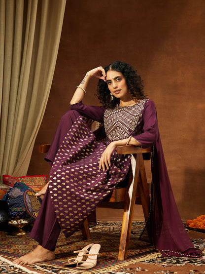 Janasya Women's Wine Silk Blend Paisley Foil Print A-Line Kurta Set