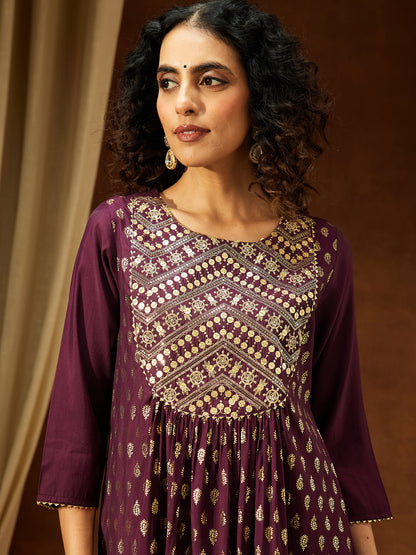 Janasya Women's Wine Silk Blend Paisley Foil Print A-Line Kurta Set
