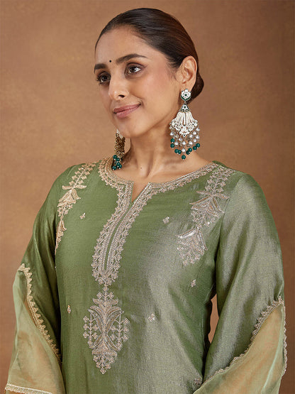 Janasya Women's Sage Green Silk Blend Zari Embroidered Straight Kurta Set