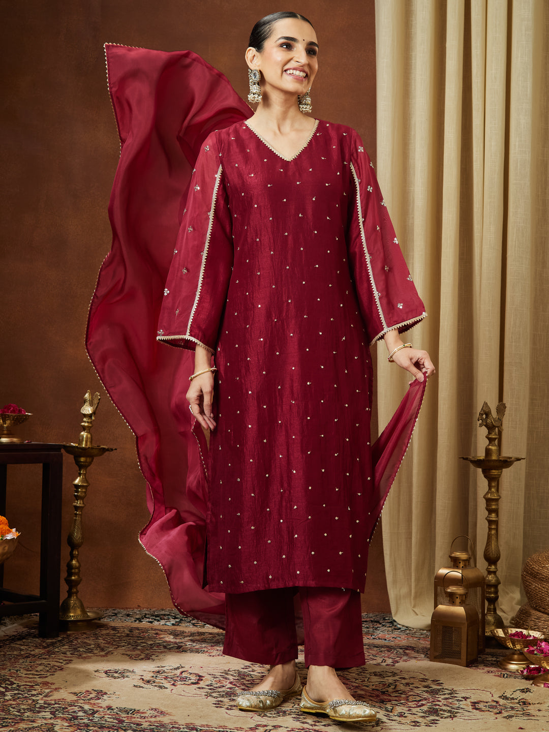 Janasya Women's Maroon Silk Blend Embellished Straight Kurta Set
