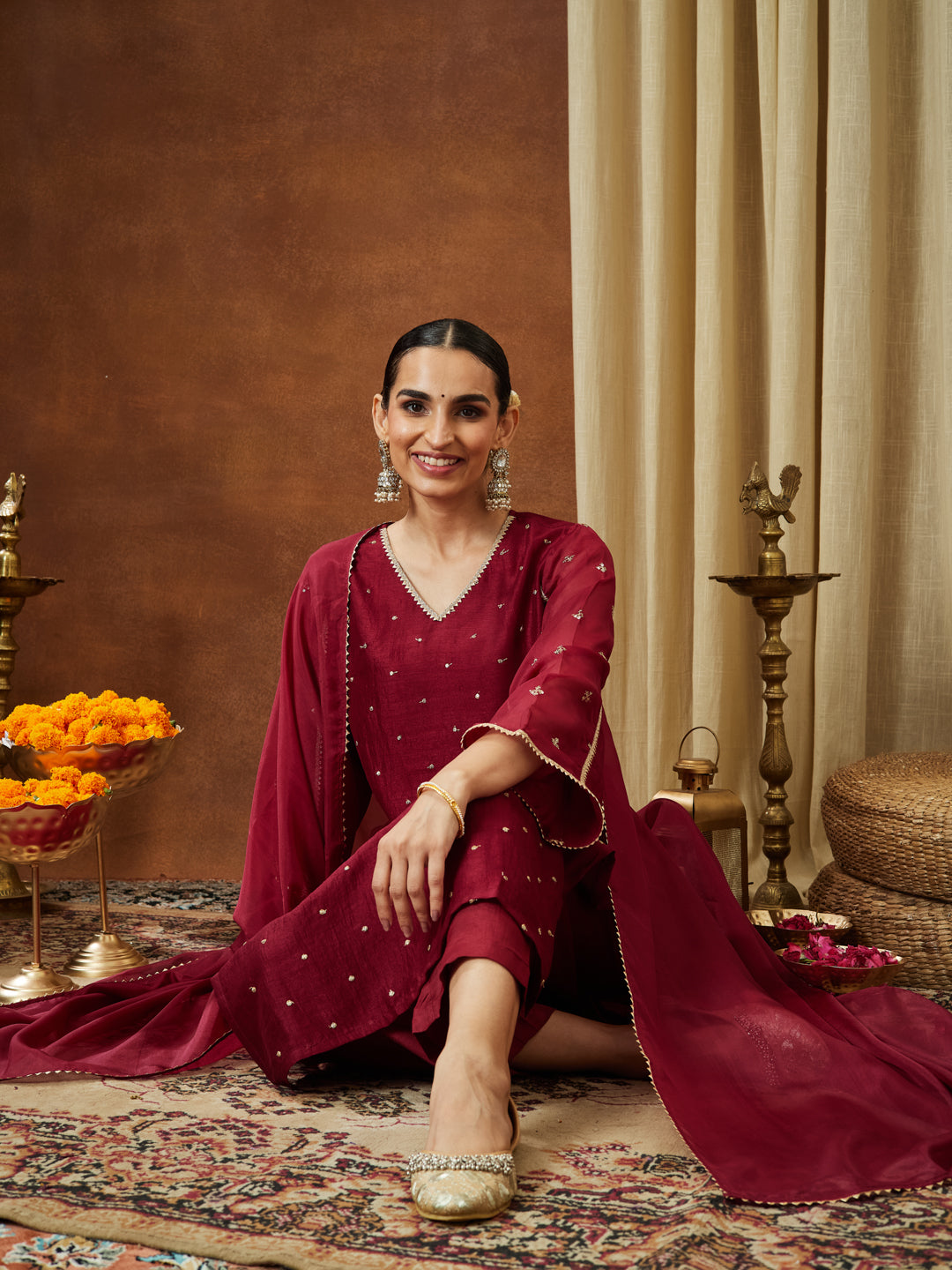 Janasya Women's Maroon Silk Blend Embellished Straight Kurta Set