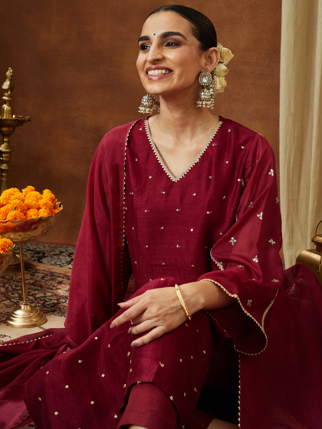 Janasya Women's Maroon Silk Blend Embellished Straight Kurta Set
