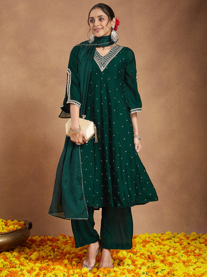 Janasya Women's Green Silk Blend Zari Embroidered Anarkali Kurta With Palazzo & Dupatta Set