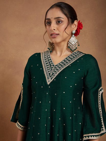 Janasya Women's Green Silk Blend Zari Embroidered Anarkali Kurta With Palazzo & Dupatta Set