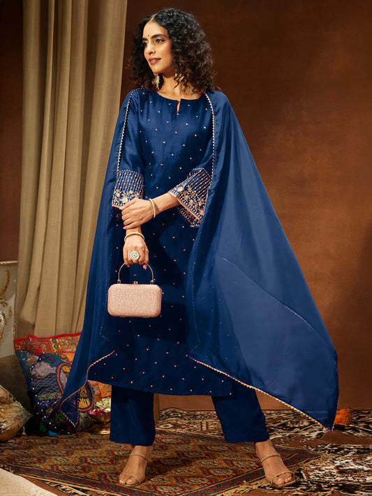 Janasya Women's Teal Blue Silk Blend Embellished Straight Kurta Set