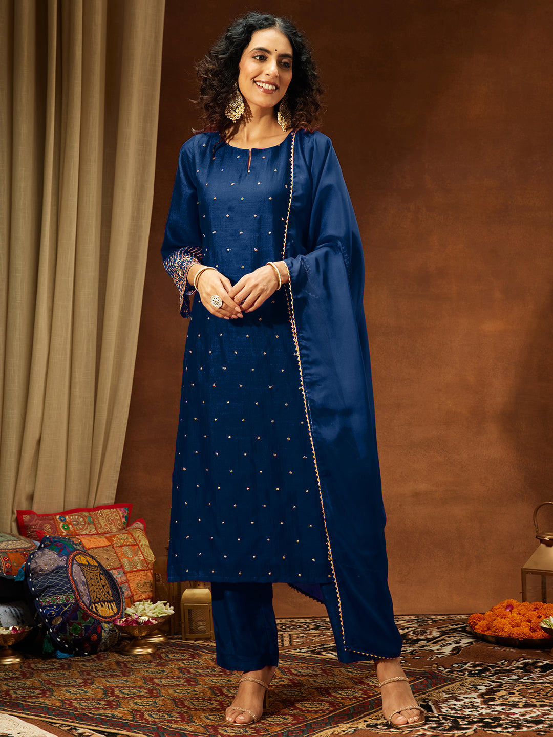 Janasya Women's Teal Blue Silk Blend Embellished Straight Kurta Set