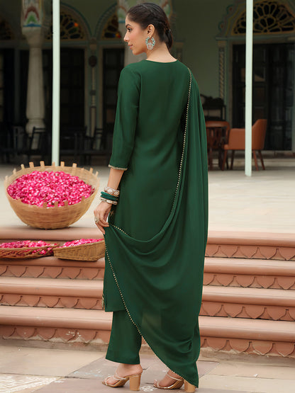 Janasya Women's Bottle Green Silk Blend Zari Embroidered Straight Kurta Set