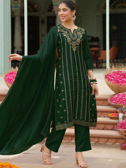 Janasya Women's Bottle Green Silk Blend Zari Embroidered Straight Kurta Set