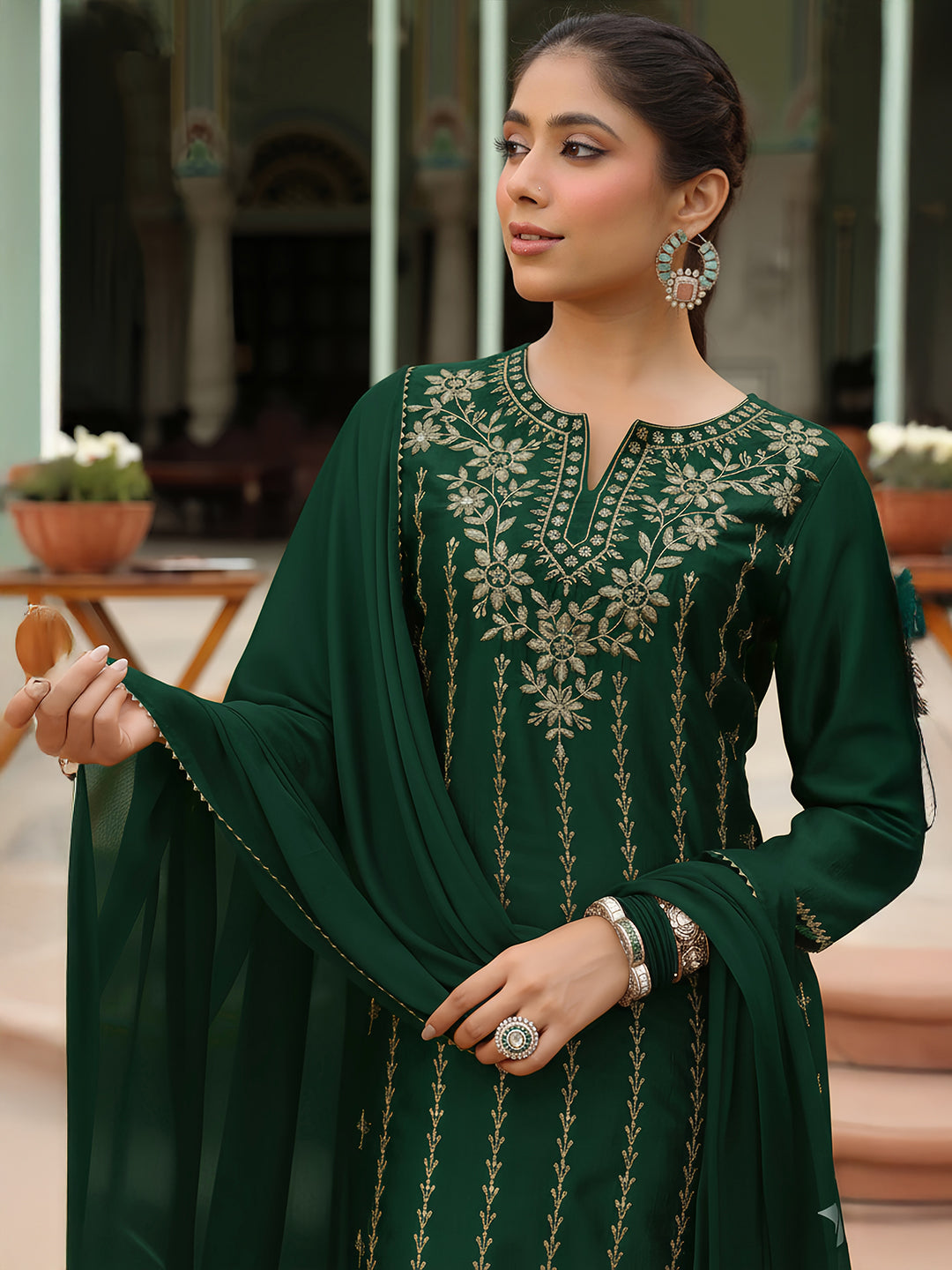 Janasya Women's Bottle Green Silk Blend Zari Embroidered Straight Kurta Set