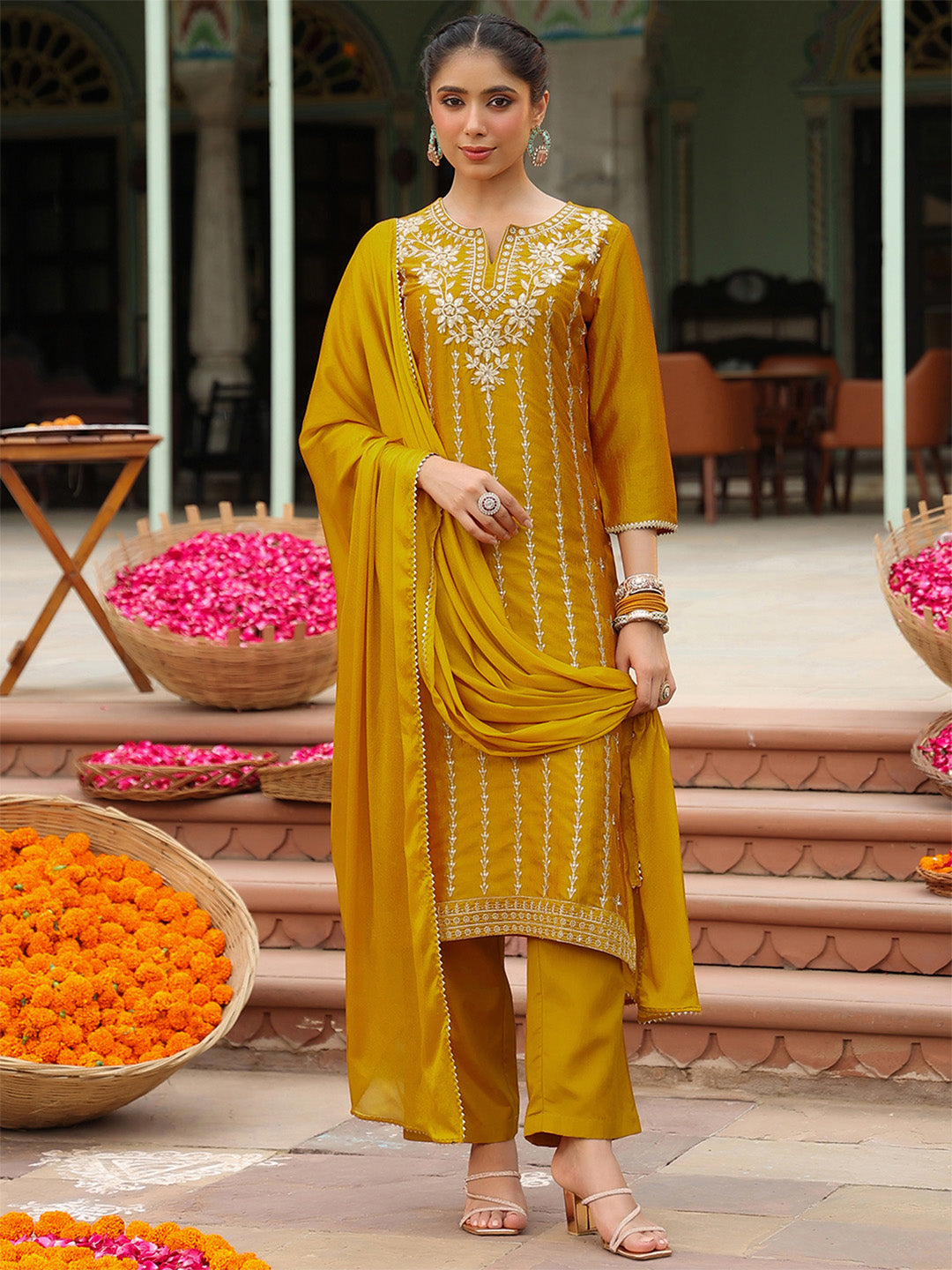 Janasya Women's Mustard Silk Blend Embroidered Straight Kurta Set