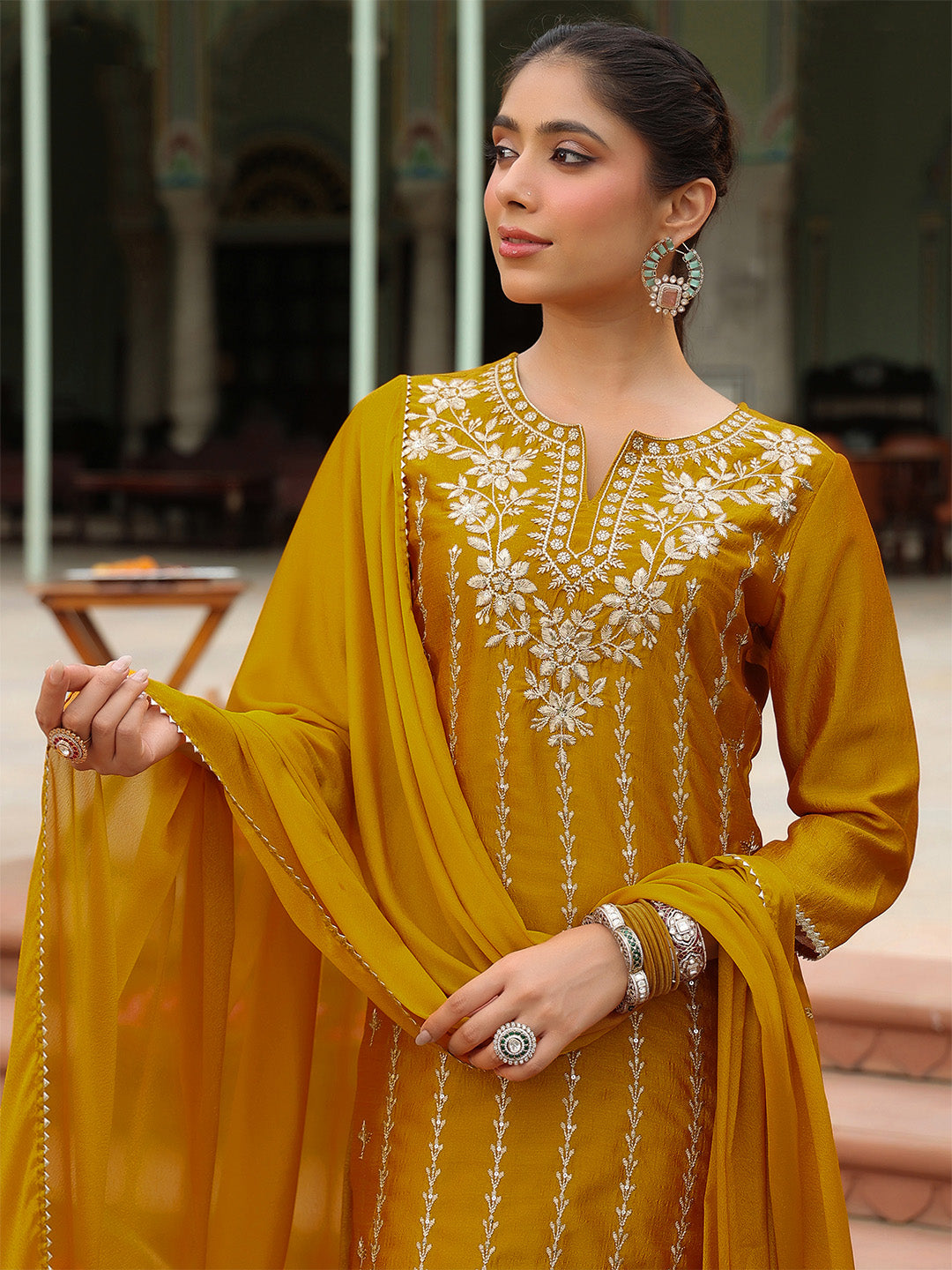 Janasya Women's Mustard Silk Blend Embroidered Straight Kurta Set