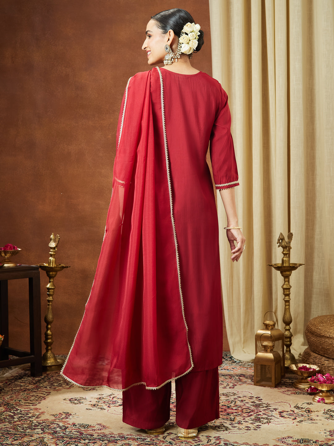 Janasya Women's Maroon Chanderi Silk Zari Embroidered Straight Kurta With Palazzo & Dupatta Set