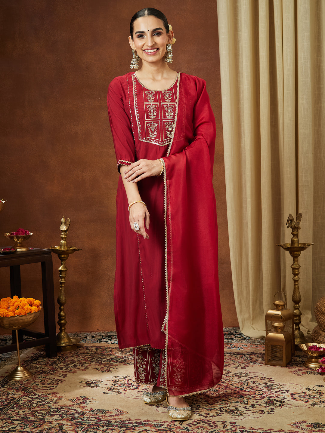 Janasya Women's Maroon Chanderi Silk Zari Embroidered Straight Kurta With Palazzo & Dupatta Set