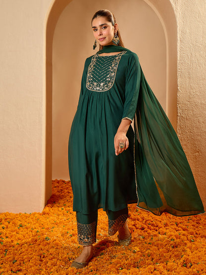 Janasya Women's Bottle Green Chanderi Silk Floral Embroidered A-Line Kurta Set