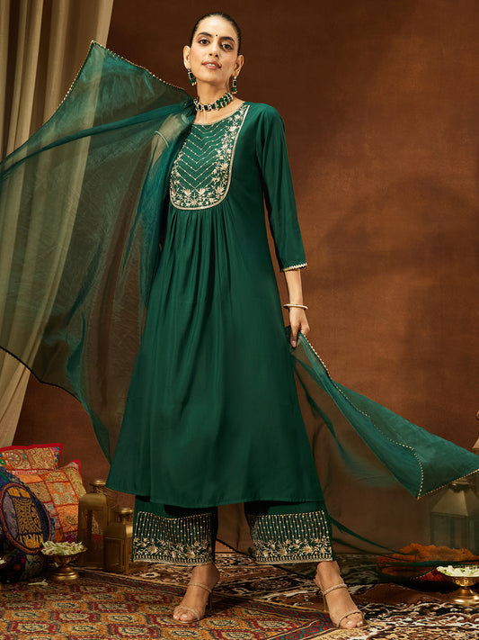 Janasya Women's Bottle Green Chanderi Silk Embroidered A-line Kurta Set