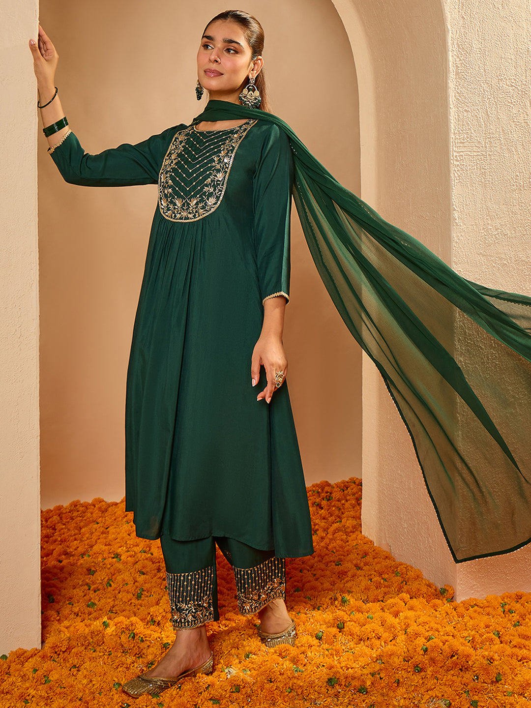 Janasya Women's Bottle Green Chanderi Silk Floral Embroidered A-Line Kurta Set