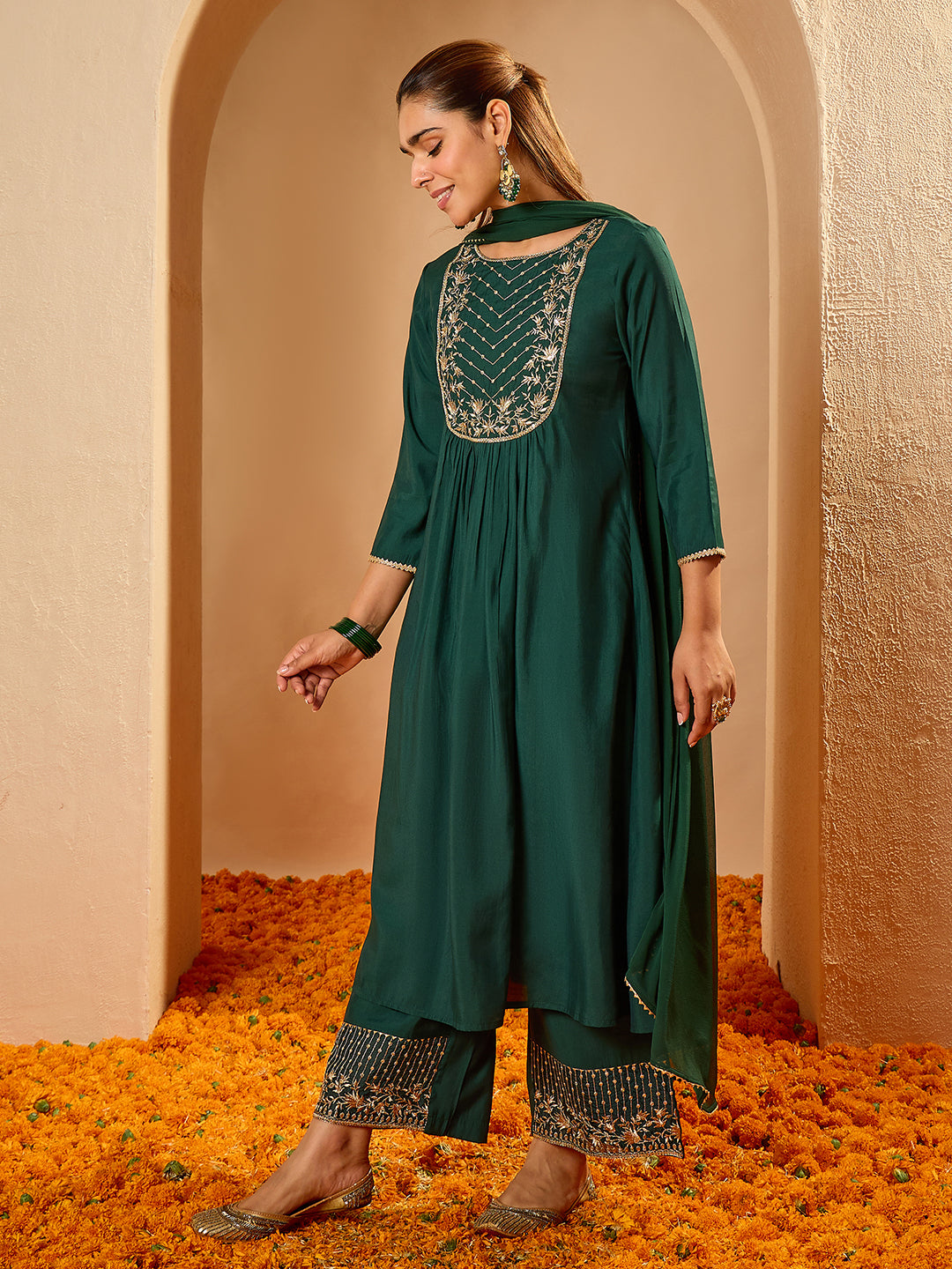 Janasya Women's Bottle Green Chanderi Silk Floral Embroidered A-Line Kurta Set