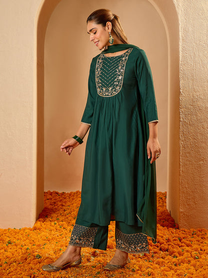 Janasya Women's Bottle Green Chanderi Silk Floral Embroidered A-Line Kurta Set