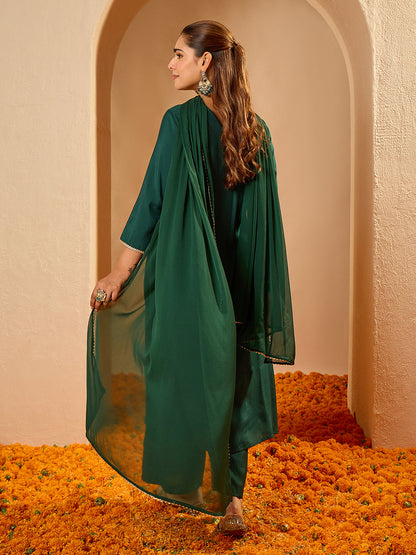 Janasya Women's Bottle Green Chanderi Silk Floral Embroidered A-Line Kurta Set