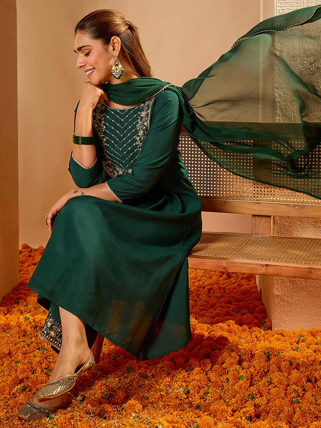 Janasya Women's Bottle Green Chanderi Silk Floral Embroidered A-Line Kurta Set