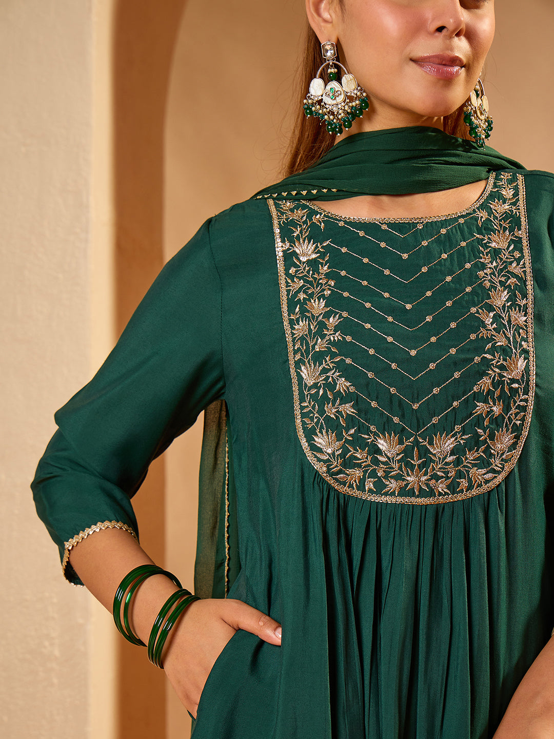 Janasya Women's Bottle Green Chanderi Silk Floral Embroidered A-Line Kurta Set
