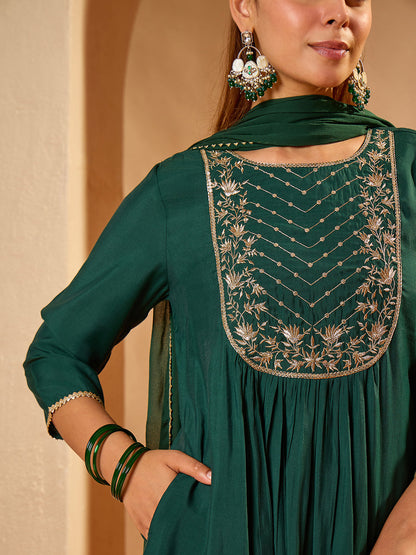 Janasya Women's Bottle Green Chanderi Silk Floral Embroidered A-Line Kurta Set