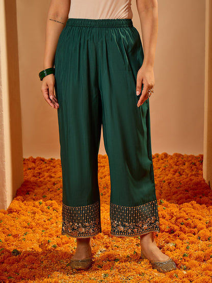 Janasya Women's Bottle Green Chanderi Silk Floral Embroidered A-Line Kurta Set