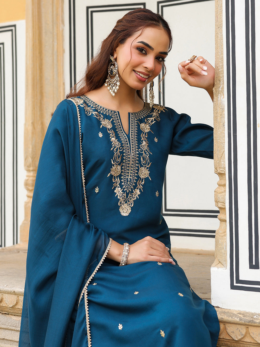 Janasya Women's Teal Blue Chanderi Silk Zari Embroidered Straight Kurta With Palazzo & Dupatta Set