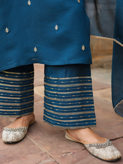 Janasya Women's Teal Blue Chanderi Silk Zari Embroidered Straight Kurta With Palazzo & Dupatta Set