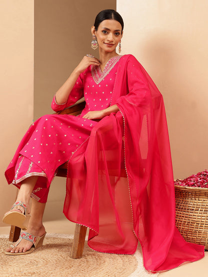 Janasya Women's Pink Chanderi Silk Gold Zari Embroidered Straight Kurta With Palazzo & Dupatta Set
