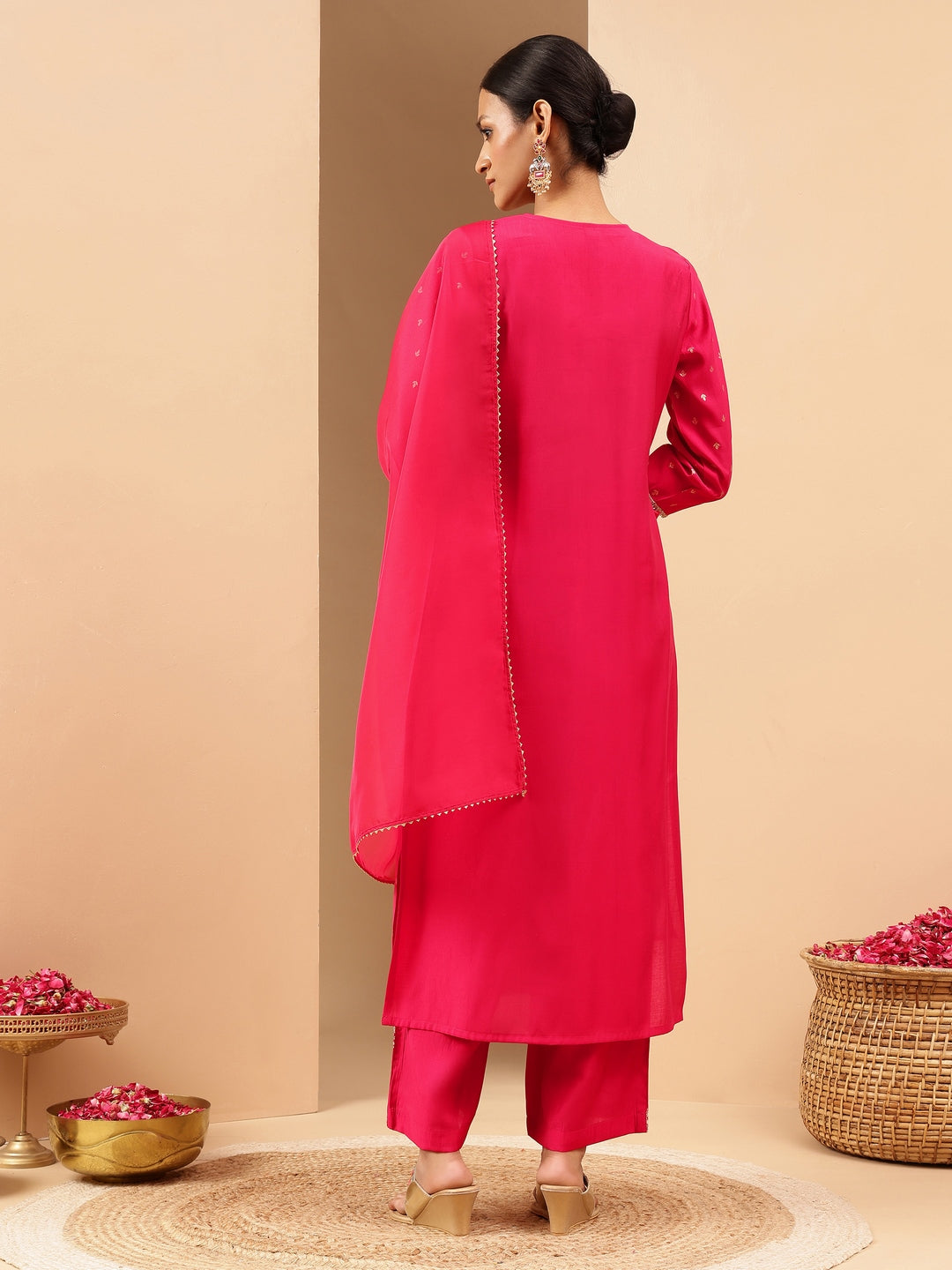 Janasya Women's Pink Chanderi Silk Gold Zari Embroidered Straight Kurta With Palazzo & Dupatta Set