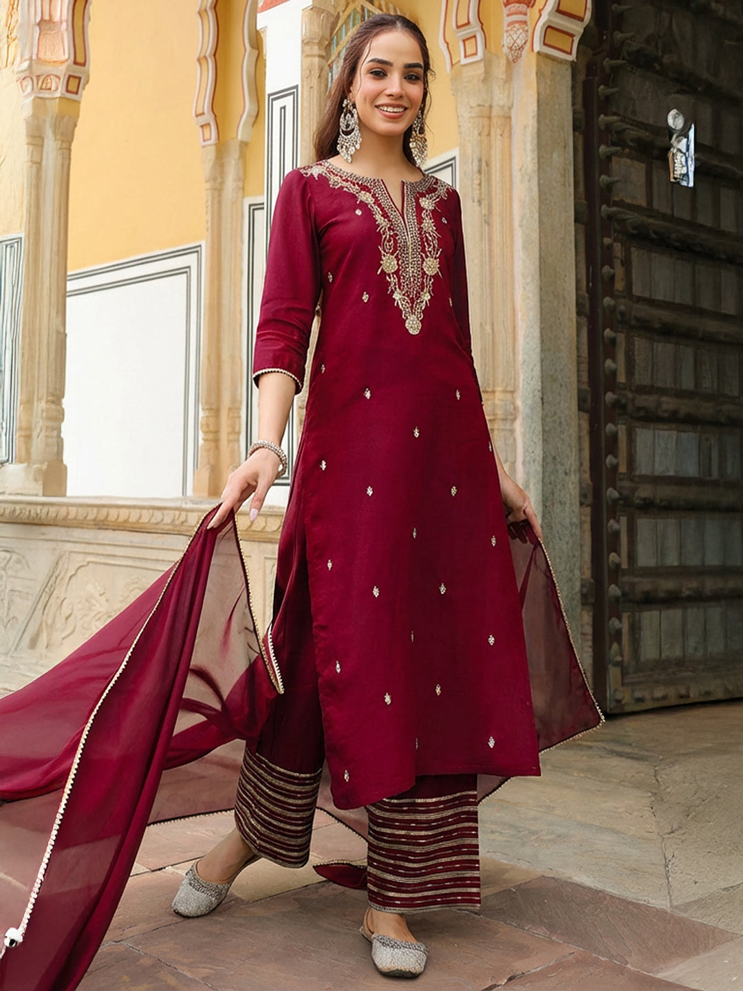 Janasya Women's Maroon Chanderi Silk Zari Embroidered Straight Kurta With Palazzo & Dupatta Set
