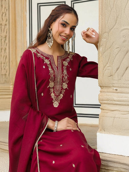 Janasya Women's Maroon Chanderi Silk Zari Embroidered Straight Kurta With Palazzo & Dupatta Set