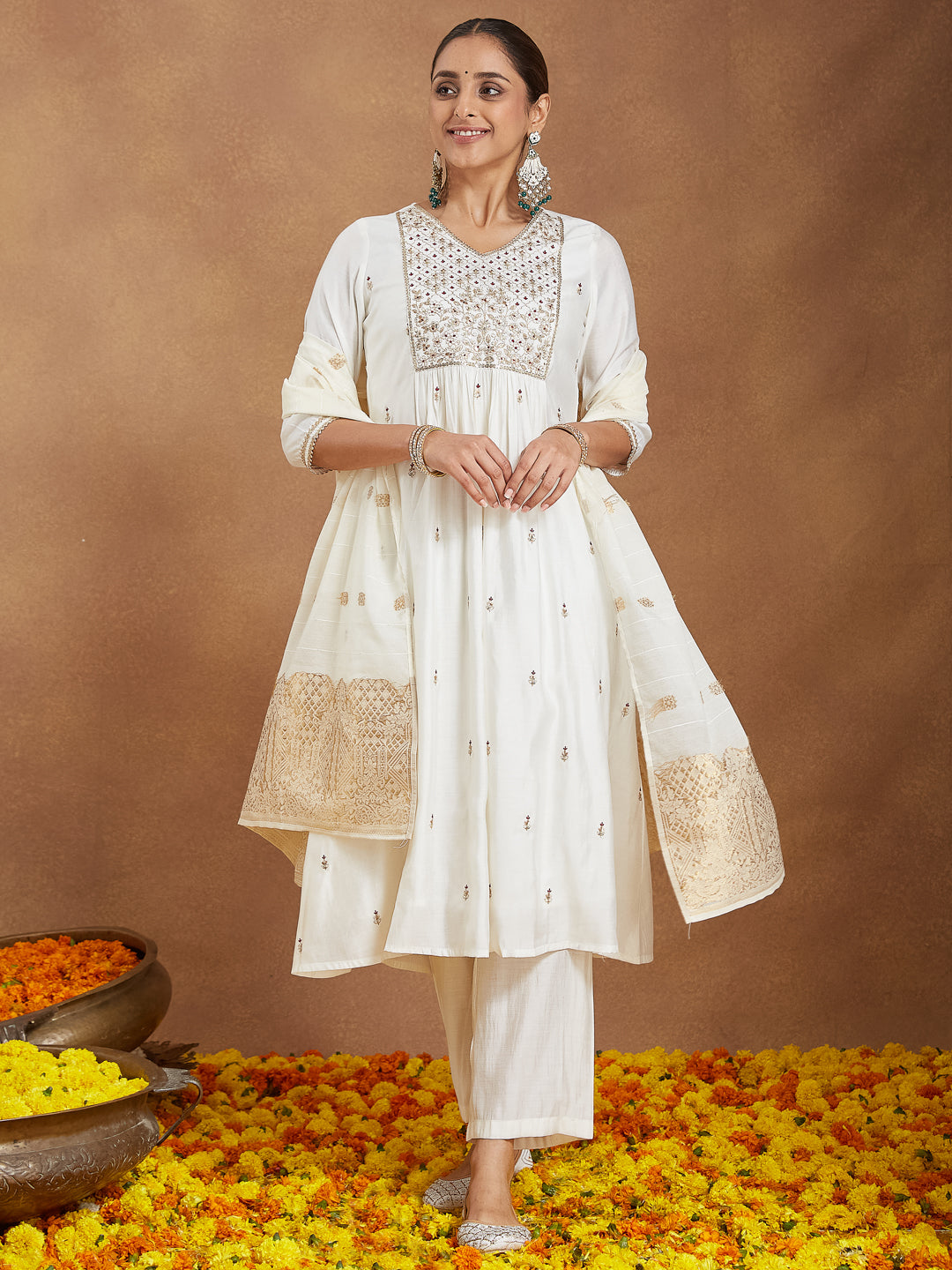 Janasya Women's Off White Chanderi Silk Zari Embroidered A-line Kurta Set With Dupatta