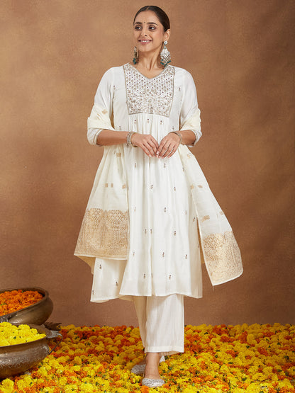 Janasya Women's Off White Chanderi Silk Zari Embroidered A-line Kurta Set With Dupatta