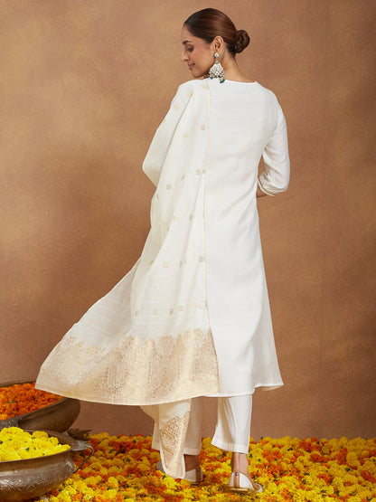 Janasya Women's Off White Chanderi Silk Zari Embroidered A-line Kurta Set With Dupatta