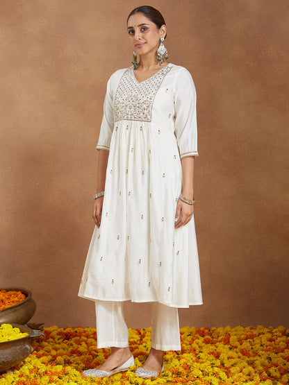 Janasya Women's Off White Chanderi Silk Zari Embroidered A-line Kurta Set With Dupatta