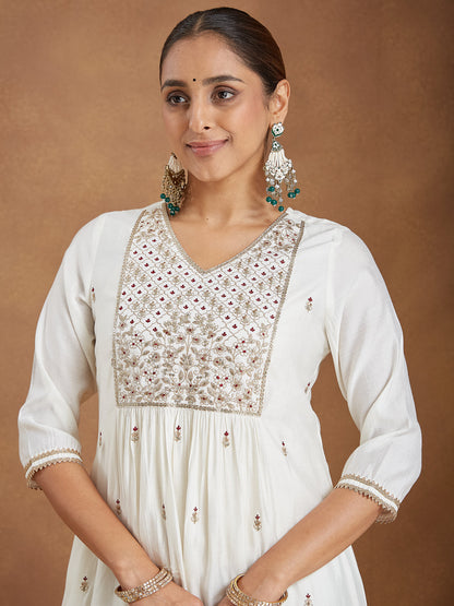 Janasya Women's Off White Chanderi Silk Zari Embroidered A-line Kurta Set With Dupatta
