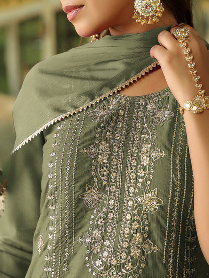 Janasya Women's Sage Green Silk Blend Zari Embroidered Straight Kurta Set