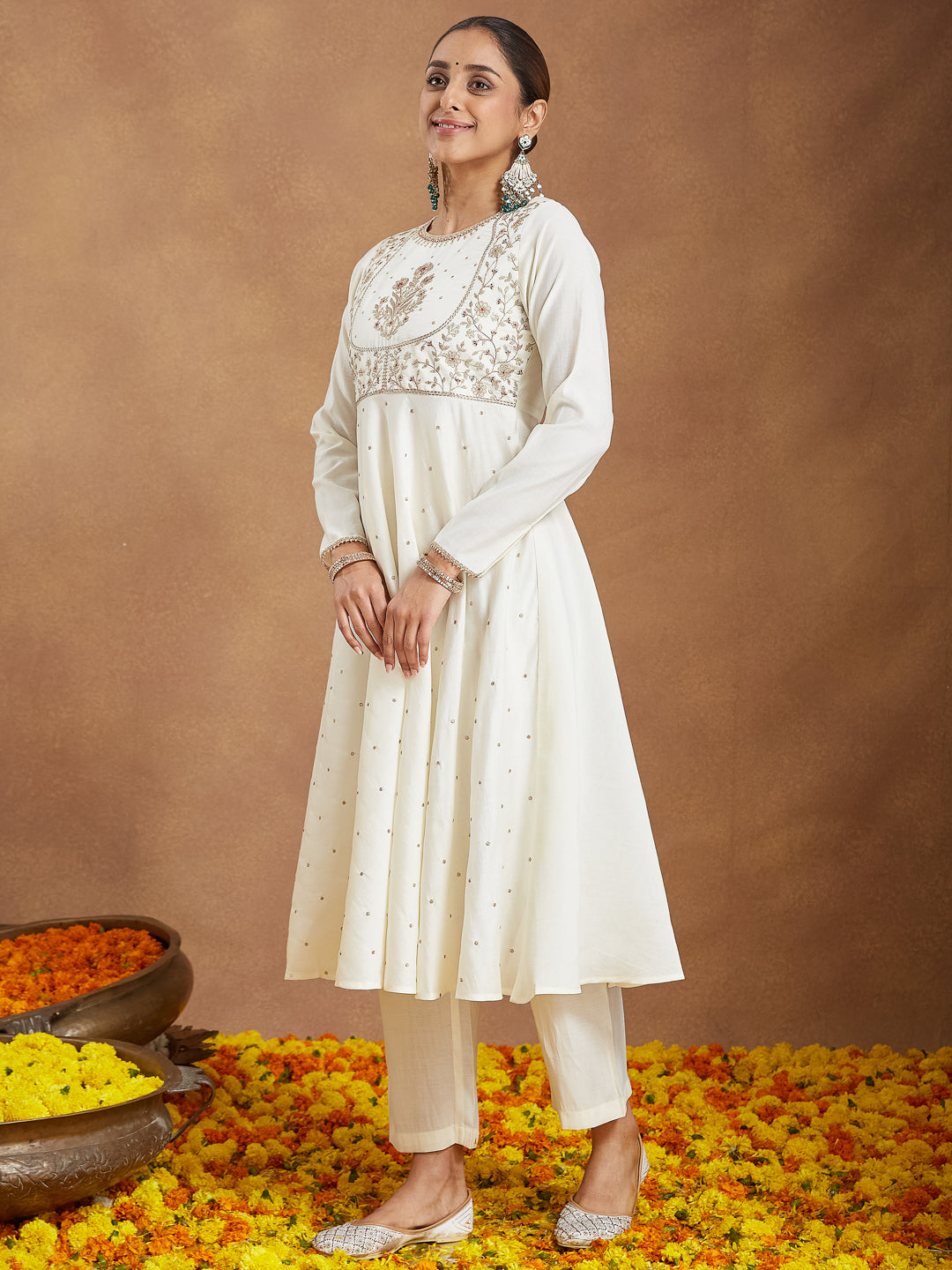 Janasya Women's Off White Chanderi Silk Embroidered A-line Kurta Set