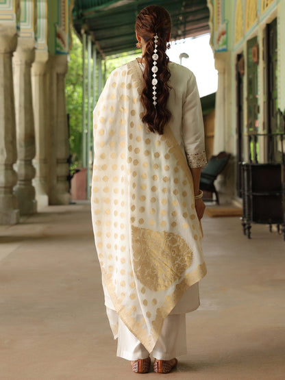 Janasya Women's Off White Chanderi Silk Embroidered Straight Kurta Set