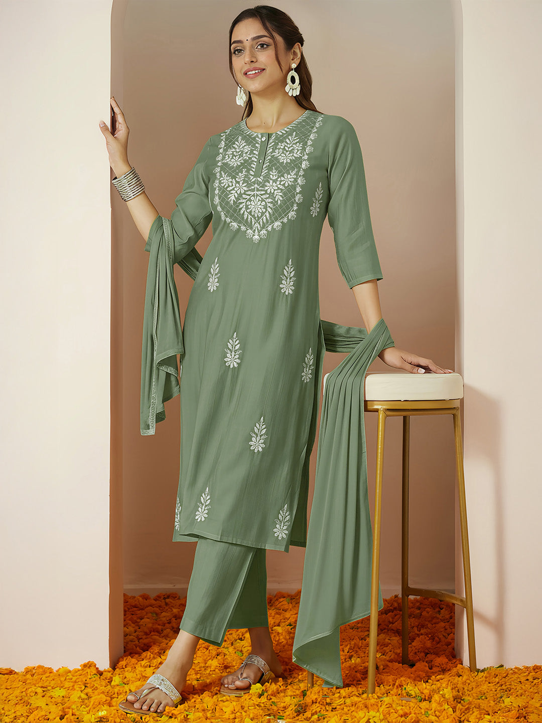 Janasya Women's Sage Green Silk Blend Embroidered Straight Kurta Set