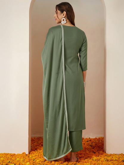 Janasya Women's Sage Green Silk Blend Embroidered Straight Kurta Set