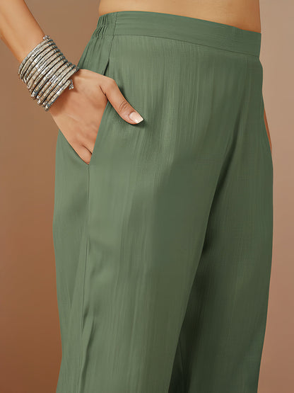 Janasya Women's Sage Green Silk Blend Embroidered Straight Kurta Set