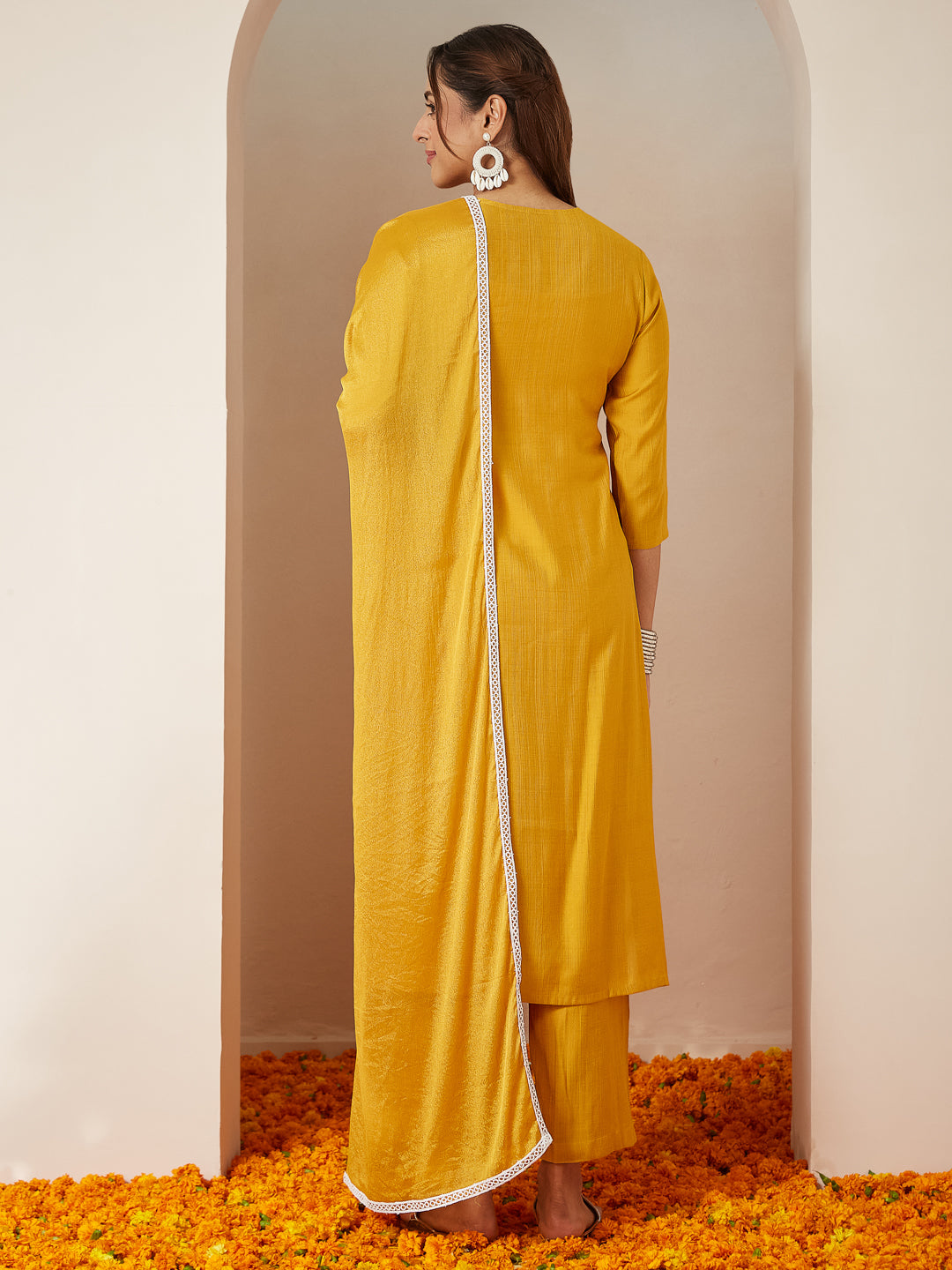 Janasya Women's Mustard Silk Blend Embroidered Straight Kurta Set